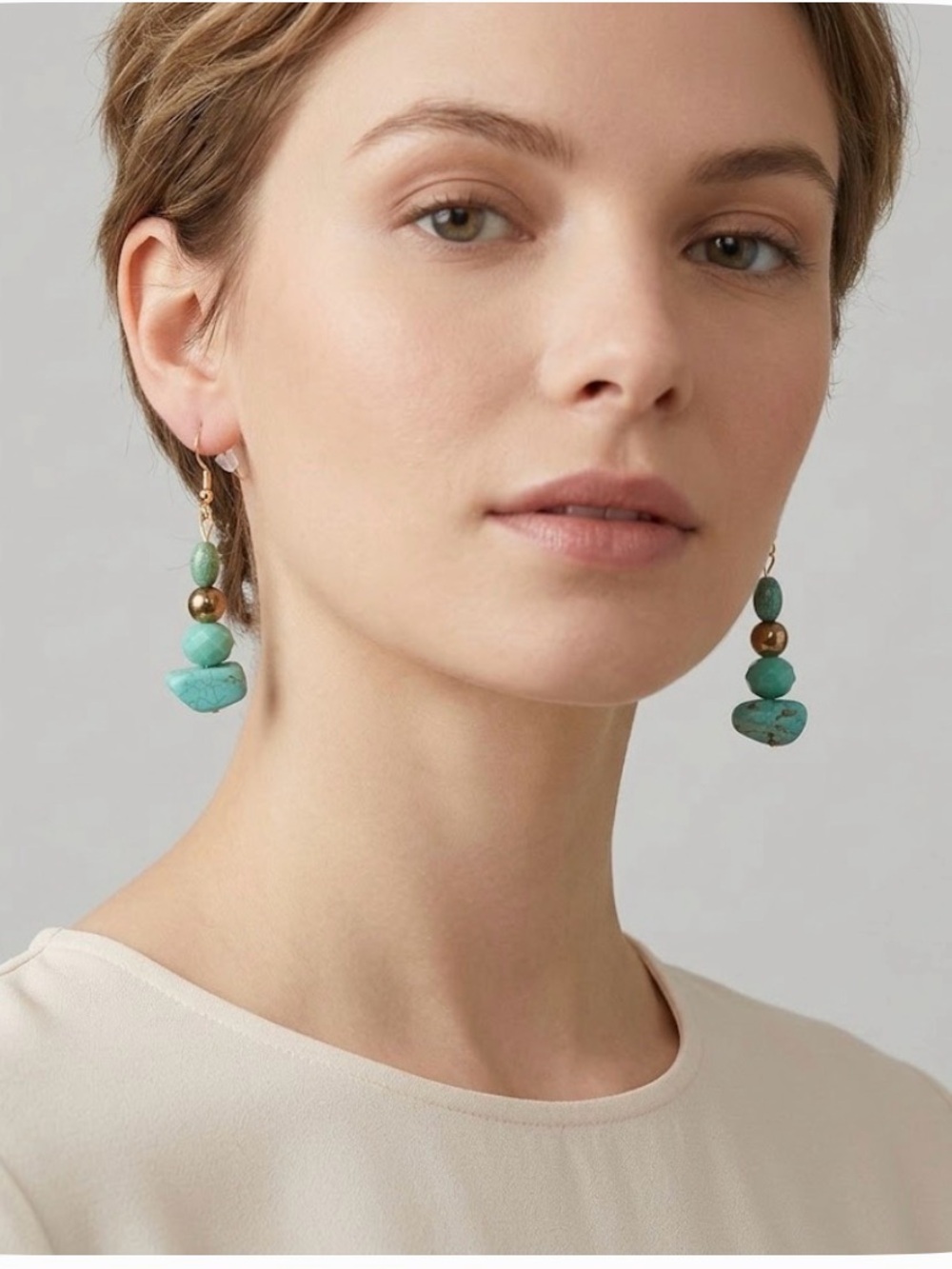 Genuine Turquoise Stone Gold 2” Stack Earrings Handmade Artisan Boho